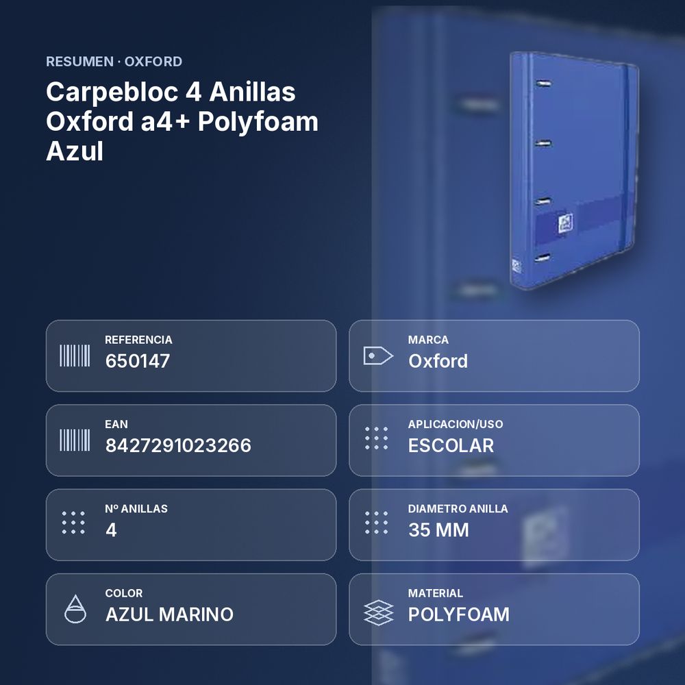 CARPEBLOC 4 ANILLAS OXFORD A4+ POLYFOAM AZUL - resumen de atributos