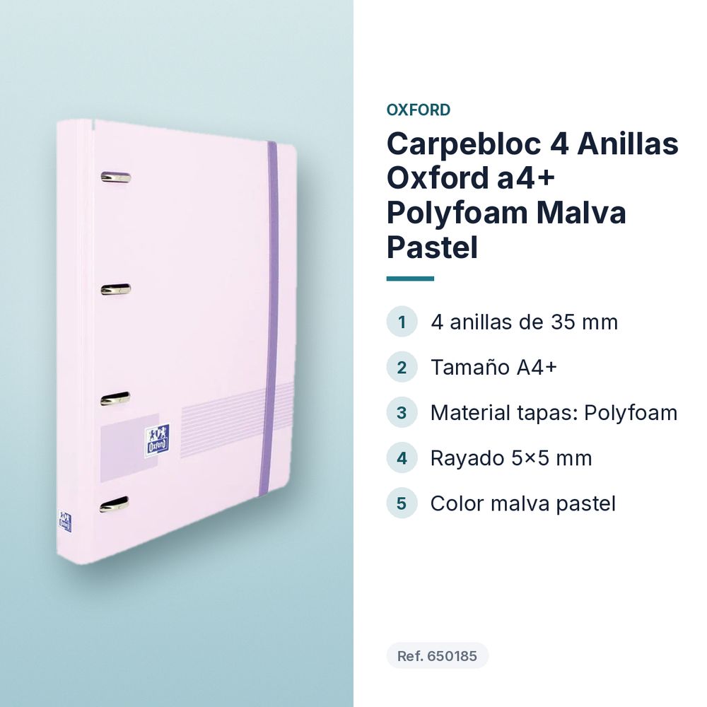 CARPEBLOC 4 ANILLAS OXFORD A4+  POLYFOAM MALVA PASTEL - características principales