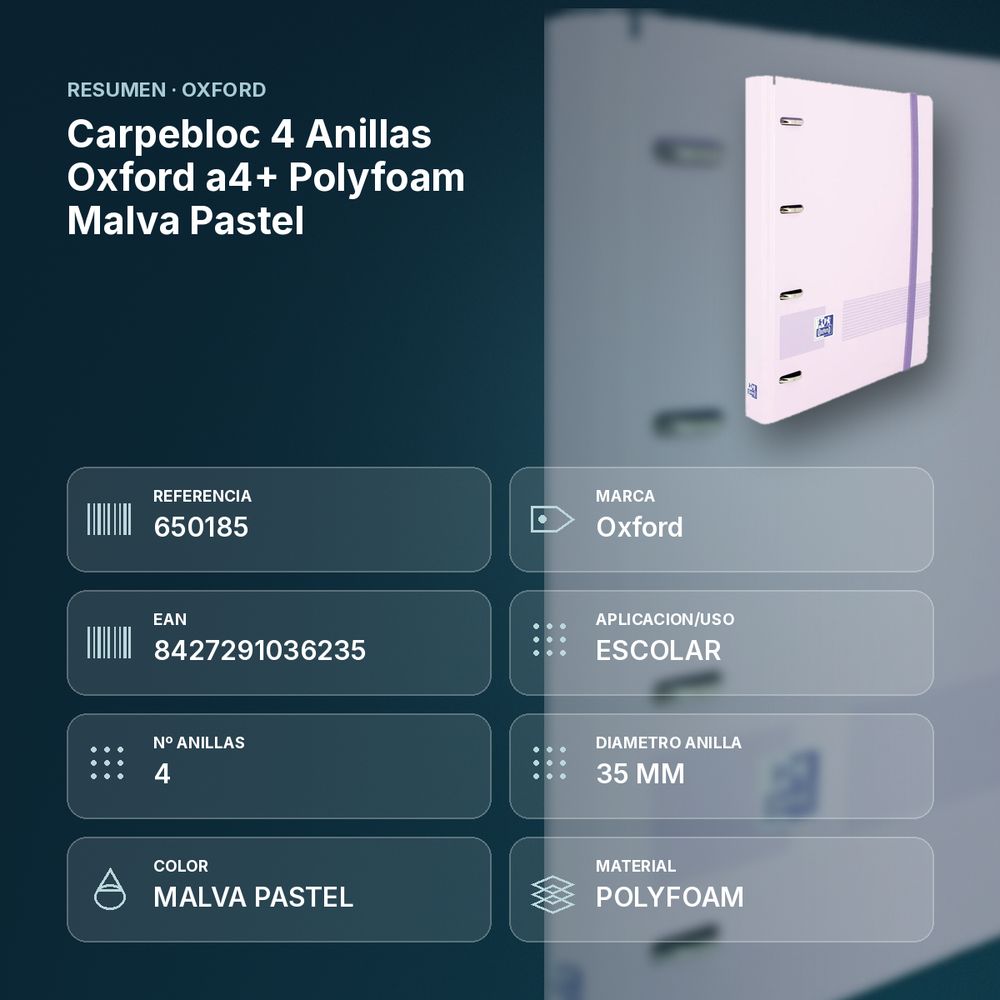 CARPEBLOC 4 ANILLAS OXFORD A4+  POLYFOAM MALVA PASTEL - resumen de atributos