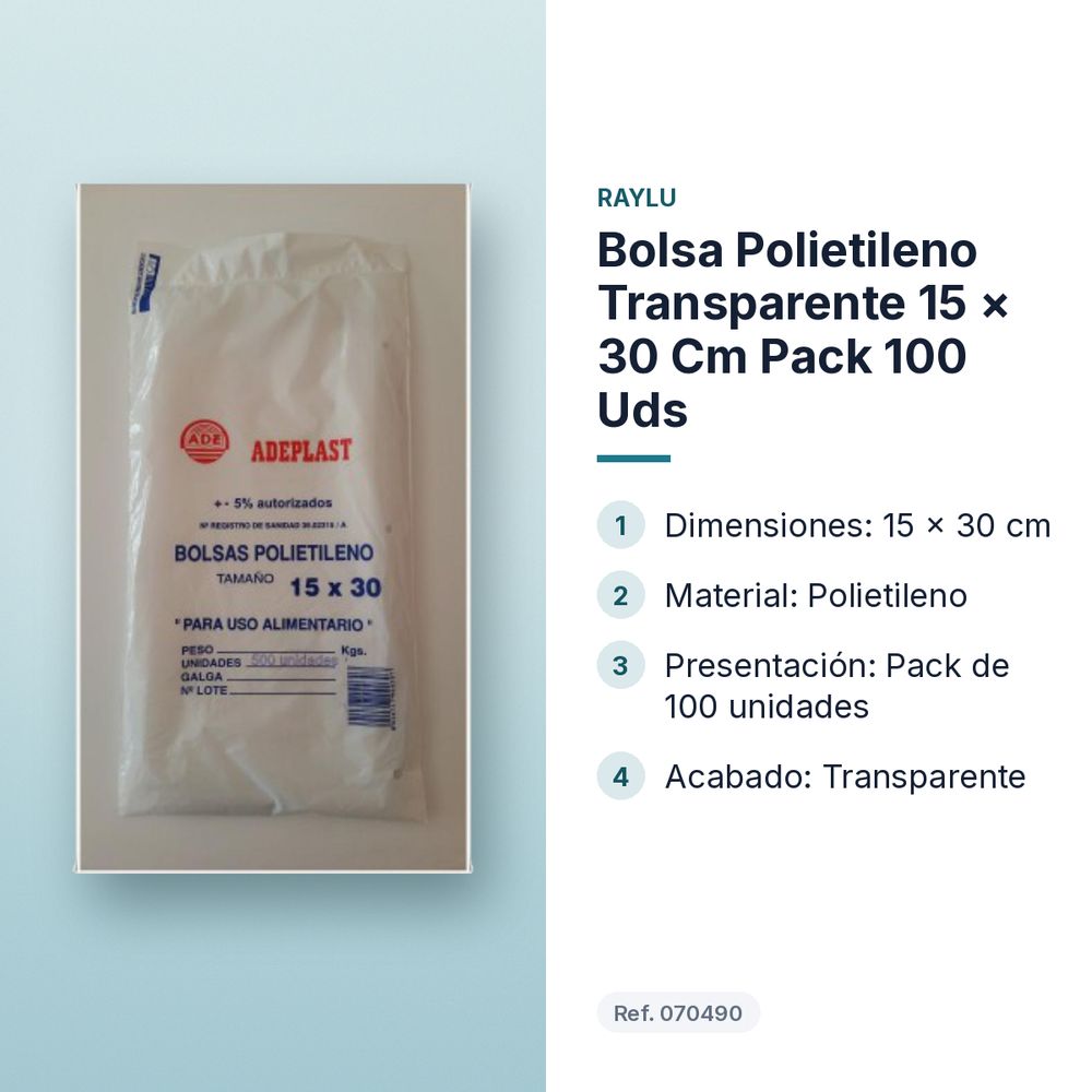 BOLSA POLIETILENO TRANSPARENTE 15 × 30 CM PACK 100 UDS - características principales
