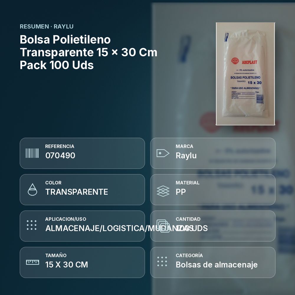 BOLSA POLIETILENO TRANSPARENTE 15 × 30 CM PACK 100 UDS - resumen de atributos