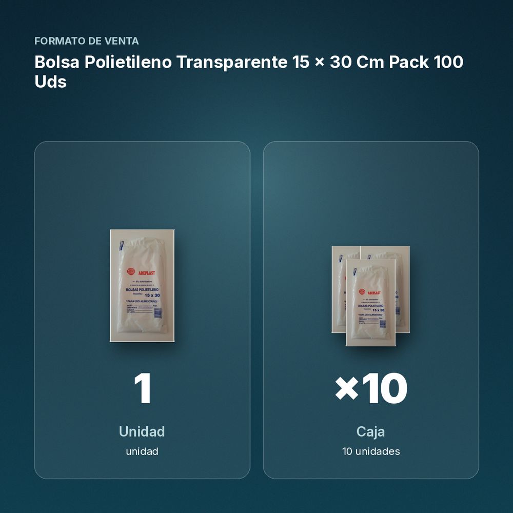 BOLSA POLIETILENO TRANSPARENTE 15 × 30 CM PACK 100 UDS - formato de venta: caja de 10