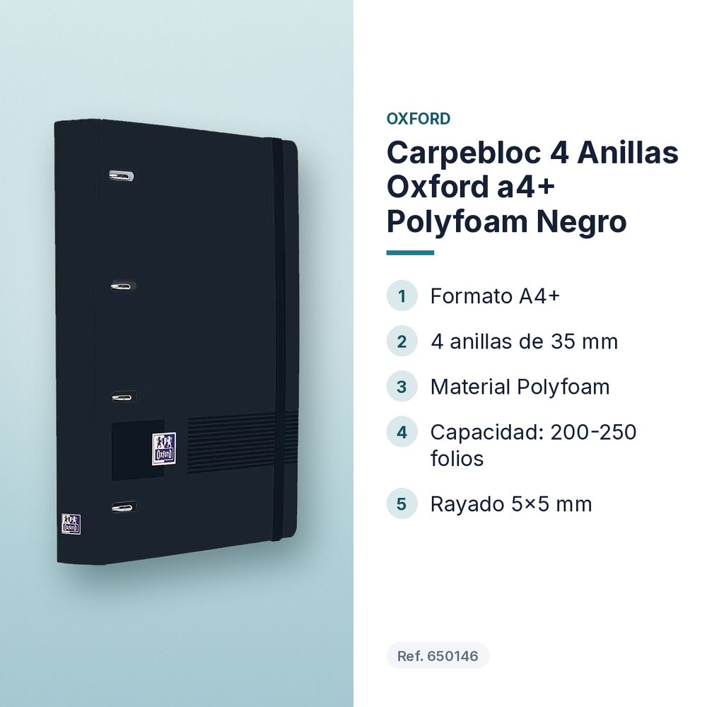 CARPEBLOC 4 ANILLAS OXFORD A4+ POLYFOAM NEGRO - características principales