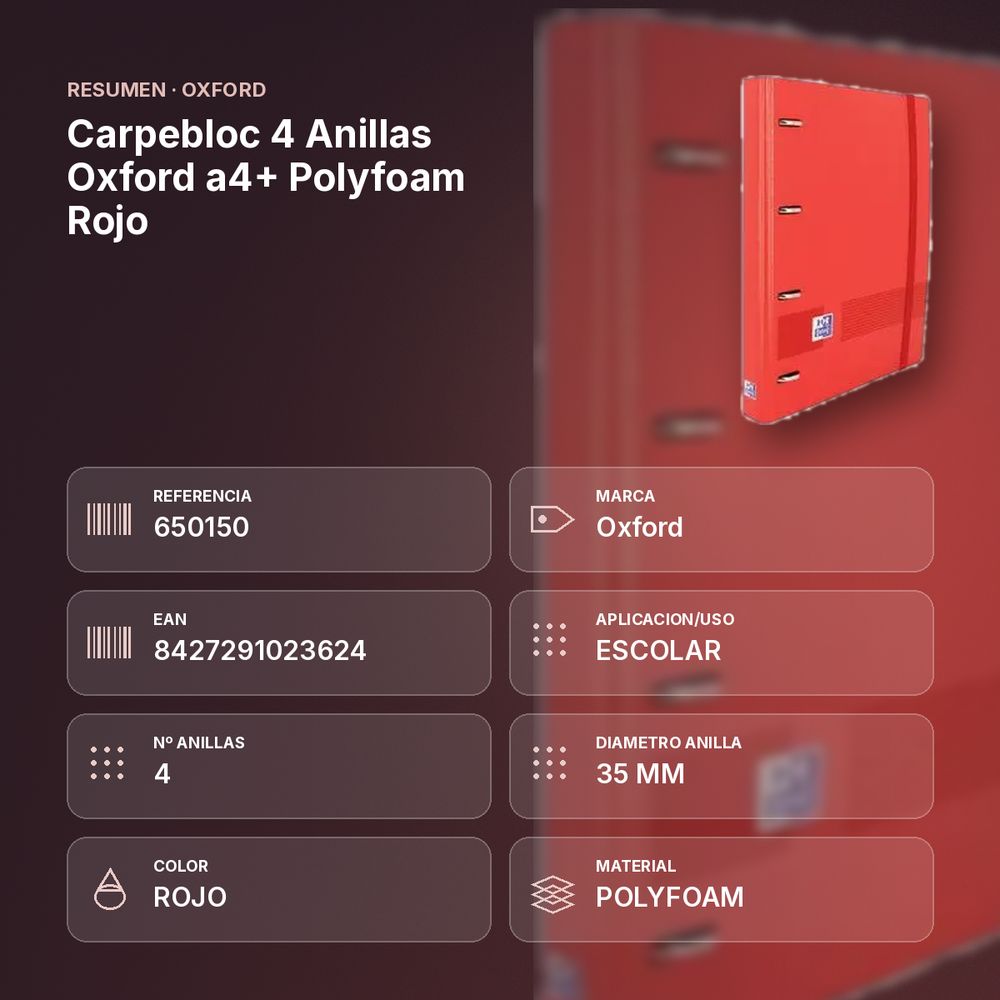 CARPEBLOC 4 ANILLAS OXFORD A4+ POLYFOAM ROJO - resumen de atributos