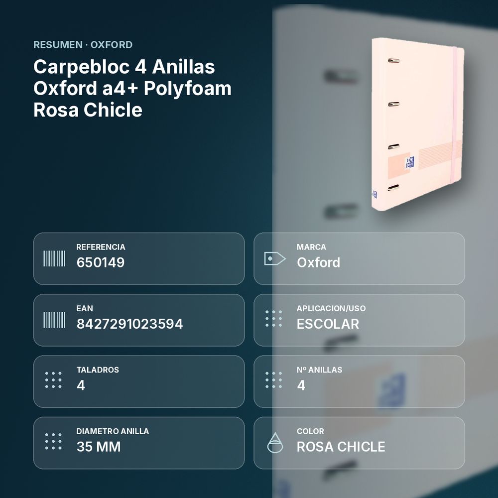 CARPEBLOC 4 ANILLAS OXFORD A4+ POLYFOAM ROSA CHICLE - resumen de atributos
