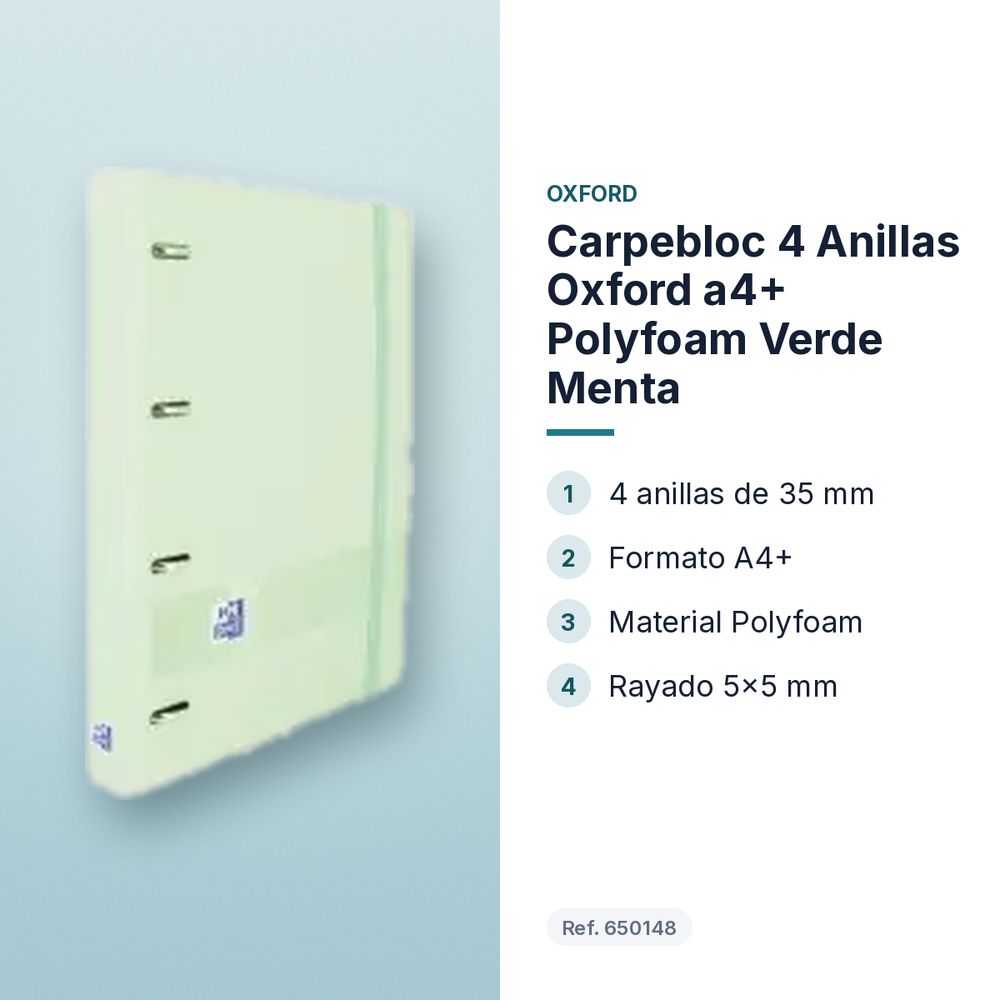 CARPEBLOC 4 ANILLAS OXFORD A4+ POLYFOAM VERDE MENTA - características principales