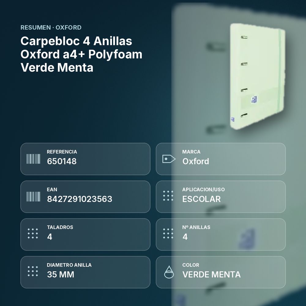 CARPEBLOC 4 ANILLAS OXFORD A4+ POLYFOAM VERDE MENTA - resumen de atributos