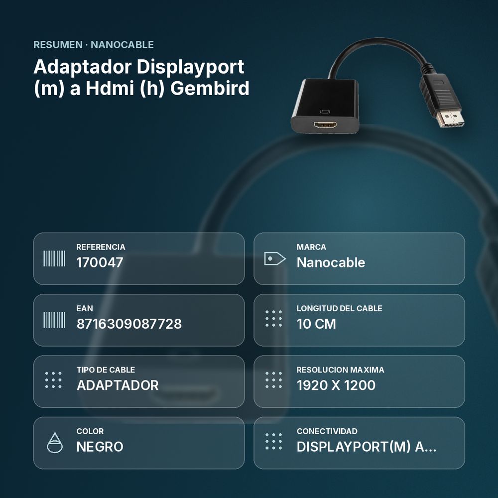 ADAPTADOR DISPLAYPORT (M) A HDMI (H) GEMBIRD - resumen de atributos