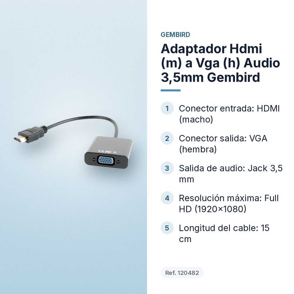 ADAPTADOR HDMI (M) A VGA (H) AUDIO 3,5MM GEMBIRD  - características principales
