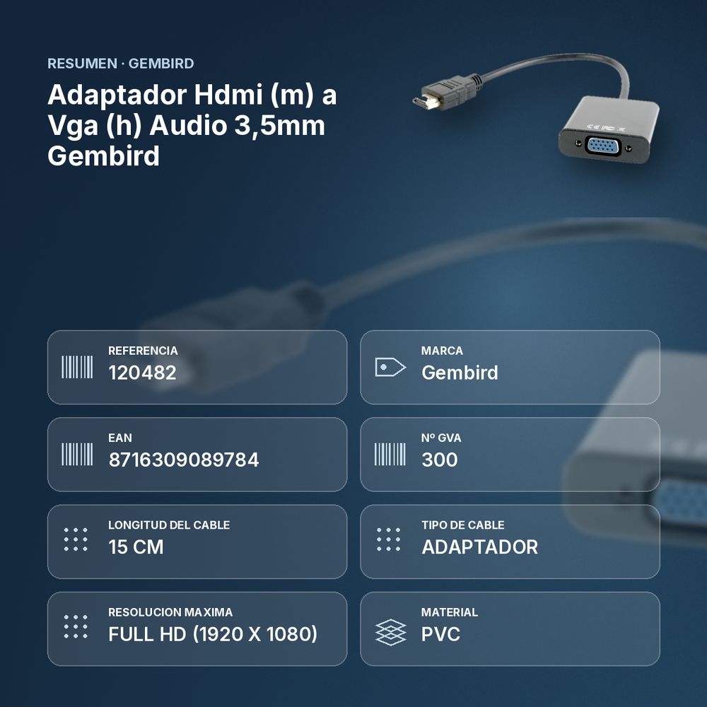 ADAPTADOR HDMI (M) A VGA (H) AUDIO 3,5MM GEMBIRD  - resumen de atributos