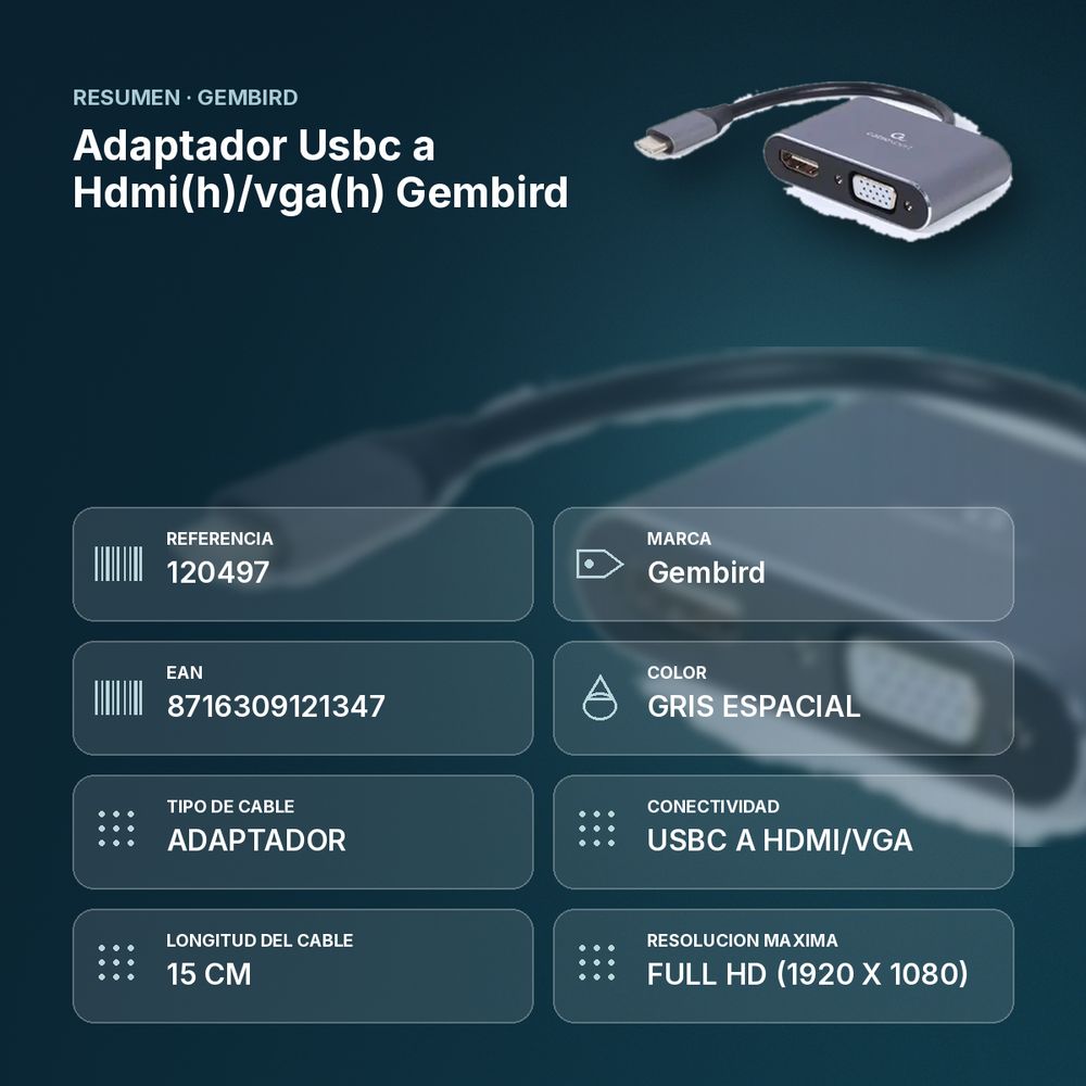 ADAPTADOR USBC A HDMI(H)/VGA(H) GEMBIRD  - resumen de atributos