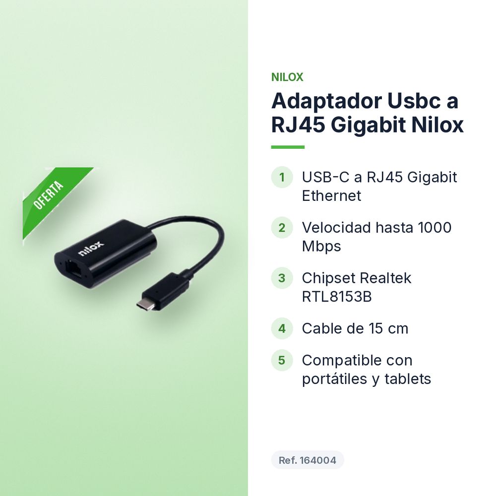 ADAPTADOR USBC A RJ45 GIGABIT NILOX - características principales