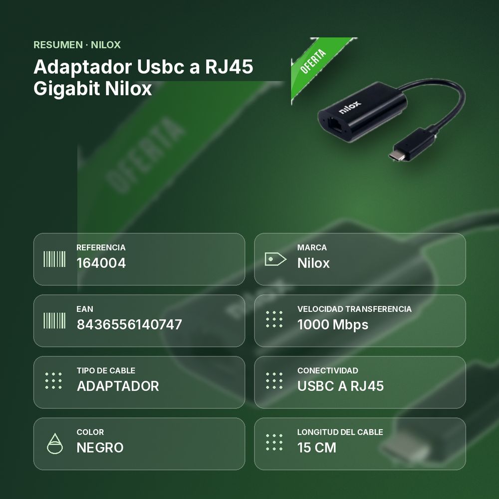 ADAPTADOR USBC A RJ45 GIGABIT NILOX - resumen de atributos