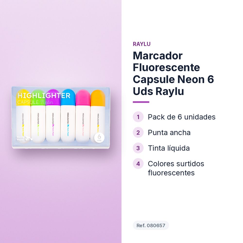 MARCADOR FLUORESCENTE CAPSULE NEON 6 UDS RAYLU - características principales