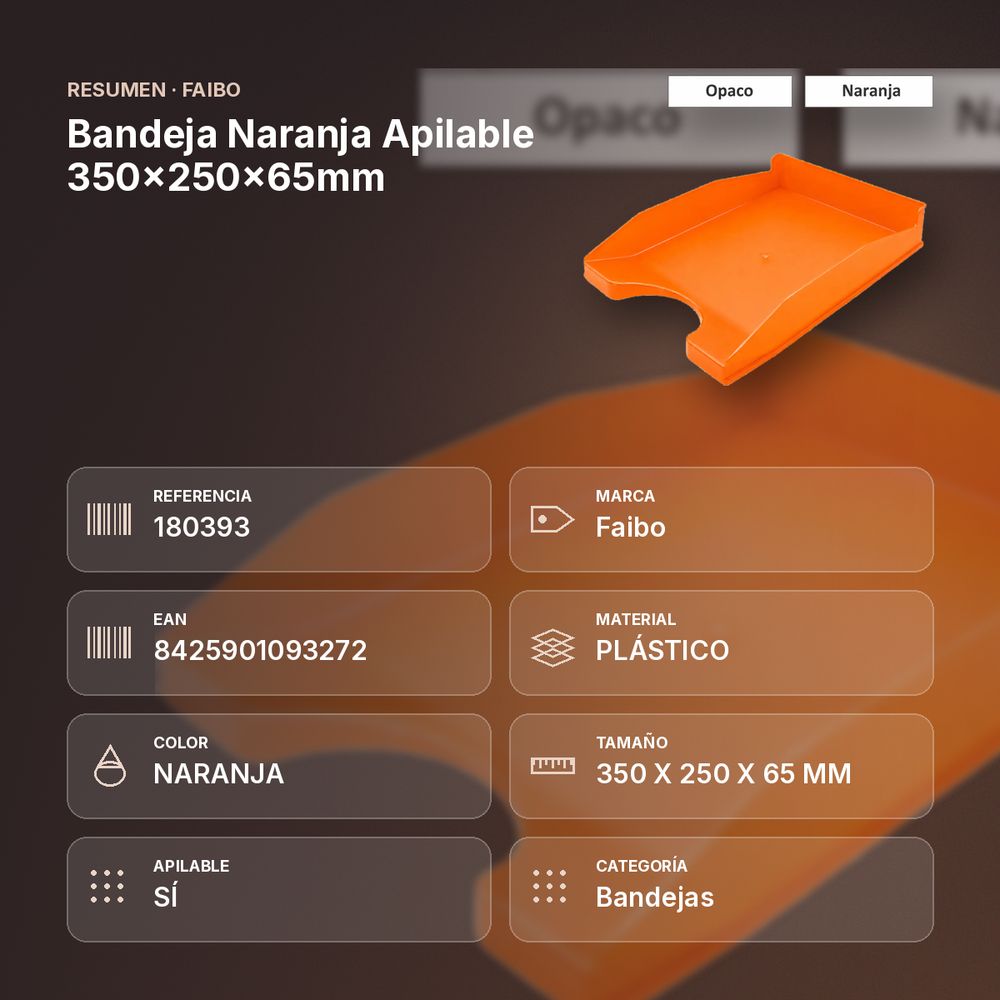 BANDEJA NARANJA APILABLE 350X250X65MM - resumen de atributos