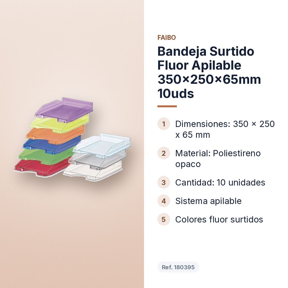 BANDEJA SURTIDO FLUOR APILABLE 350X250X65MM 10UDS - características principales
