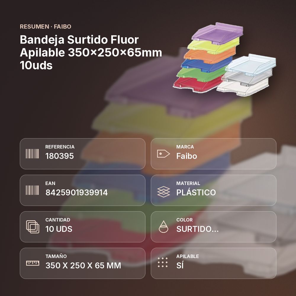 BANDEJA SURTIDO FLUOR APILABLE 350X250X65MM 10UDS - resumen de atributos
