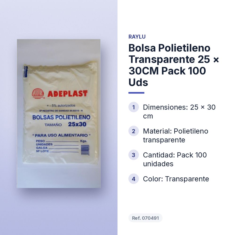BOLSA POLIETILENO TRANSPARENTE 25 × 30CM PACK 100 UDS - características principales