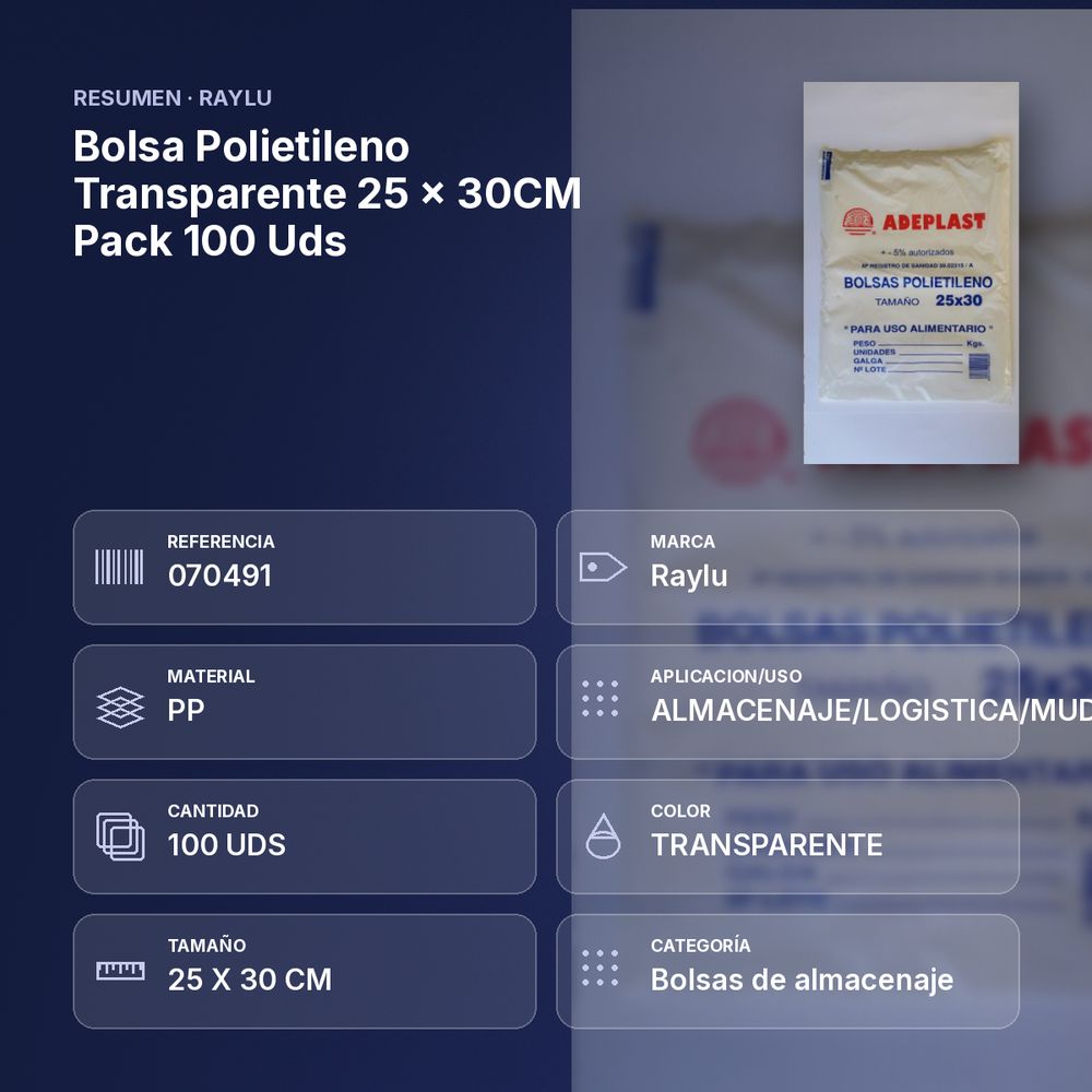 BOLSA POLIETILENO TRANSPARENTE 25 × 30CM PACK 100 UDS - resumen de atributos