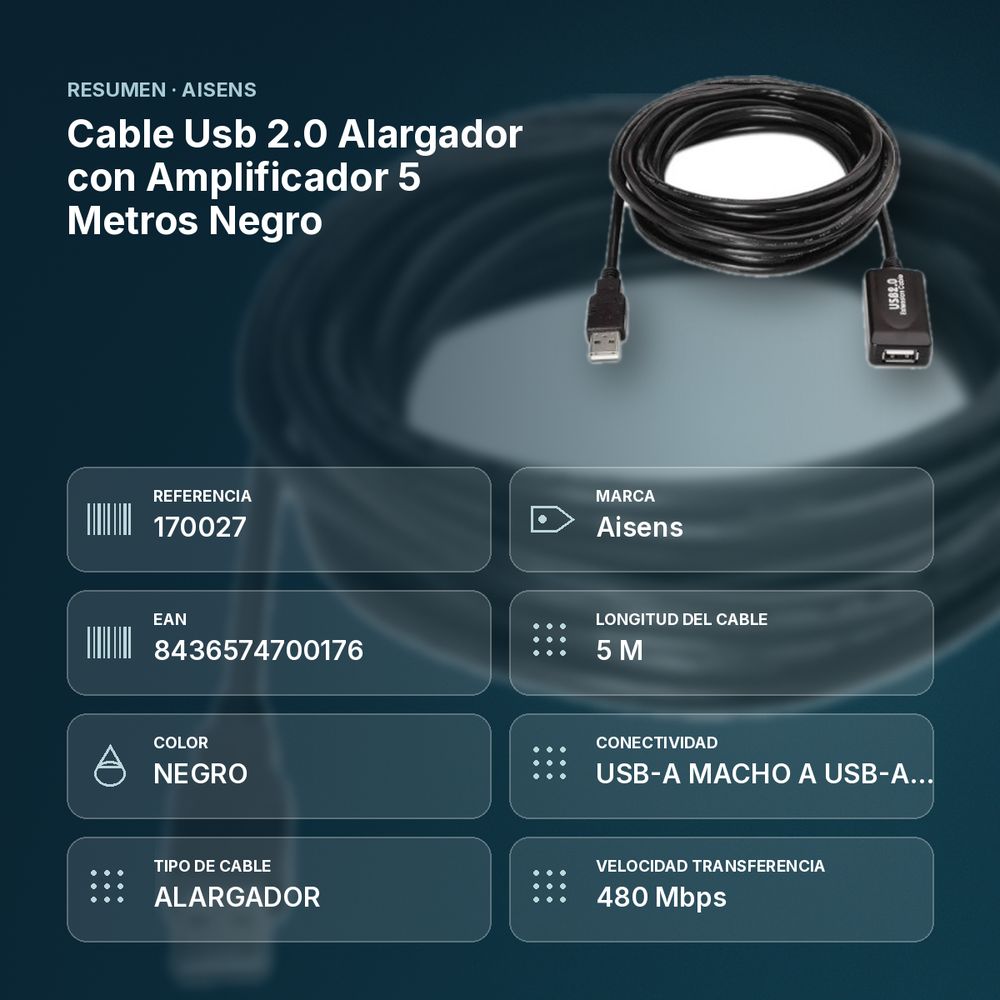 CABLE USB 2.0 ALARGADOR CON AMPLIFICADOR 5 METROS NEGRO - resumen de atributos