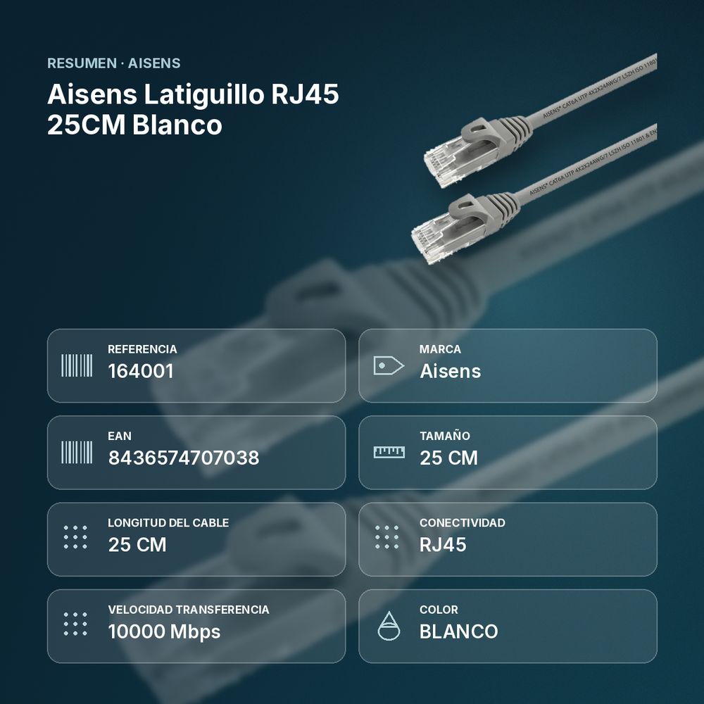 AISENS LATIGUILLO RJ45 25CM BLANCO - resumen de atributos