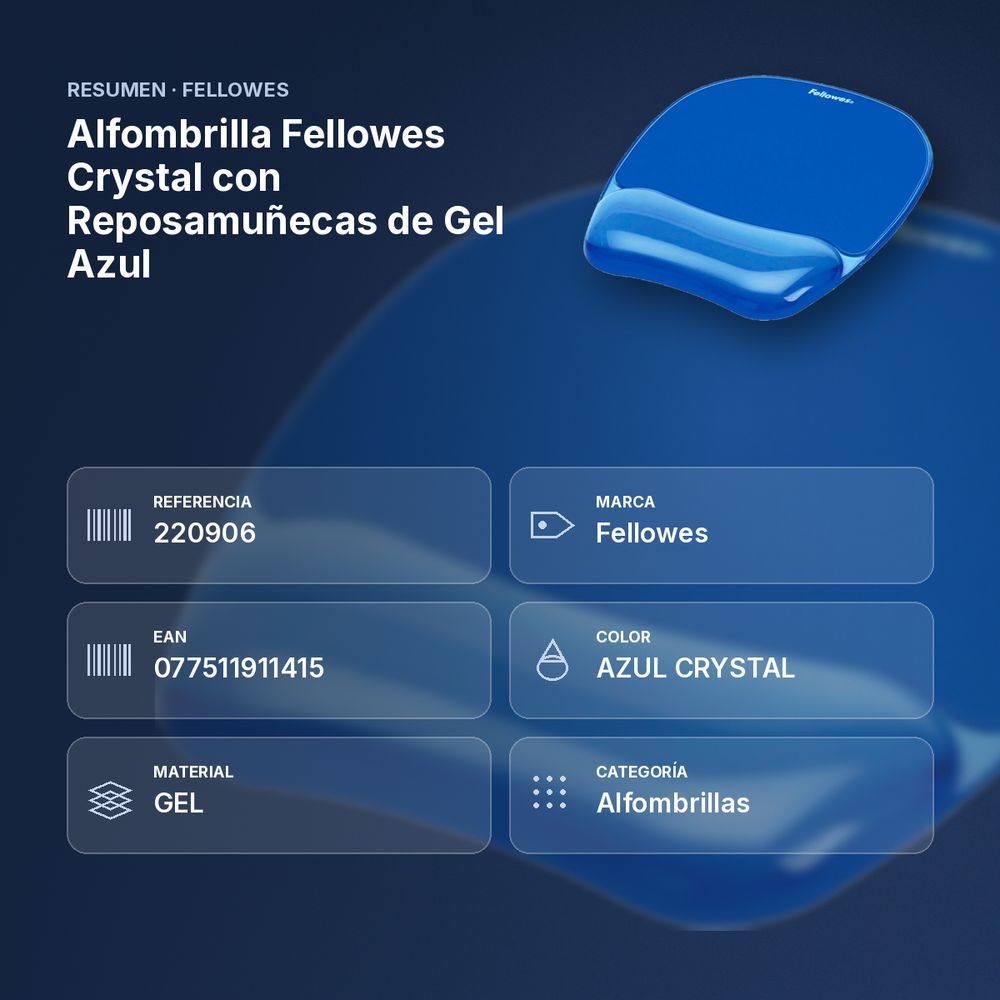 ALFOMBRILLA FELLOWES CRYSTAL CON REPOSAMUÑECAS DE GEL AZUL - resumen de atributos