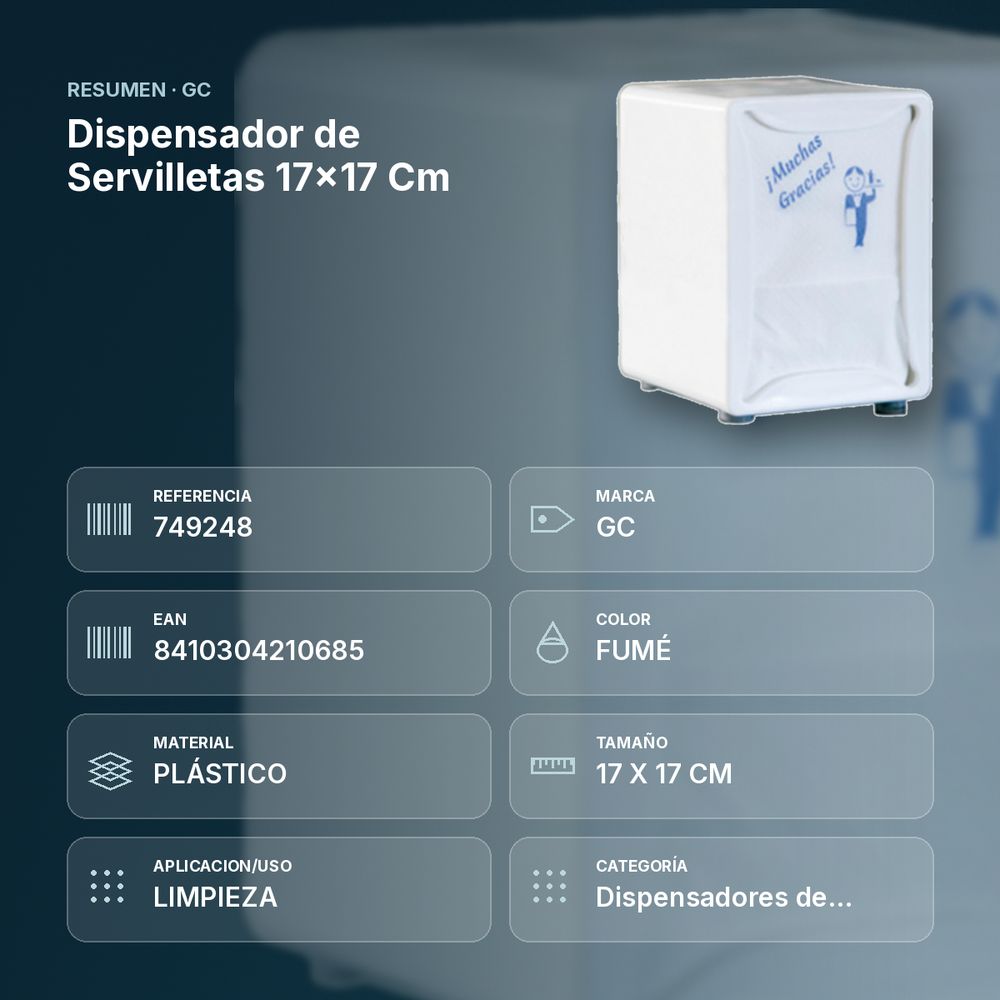 DISPENSADOR DE SERVILLETAS 17×17 CM - resumen de atributos
