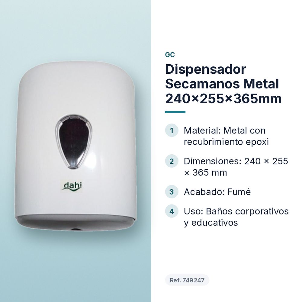 DISPENSADOR SECAMANOS METAL 240×255×365MM - características principales