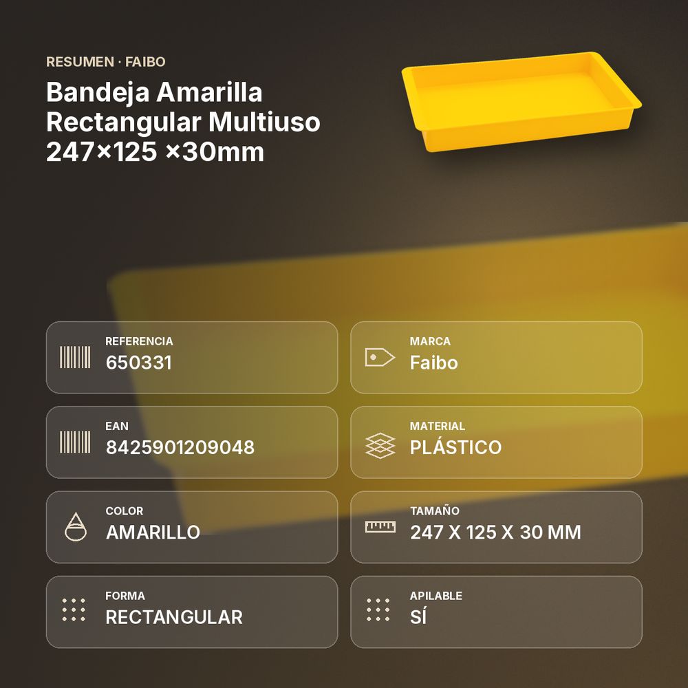 BANDEJA AMARILLA RECTANGULAR MULTIUSO 247X125 X30MM - resumen de atributos