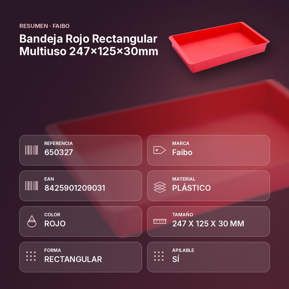 BANDEJA ROJO RECTANGULAR MULTIUSO 247X125X30MM - resumen de atributos