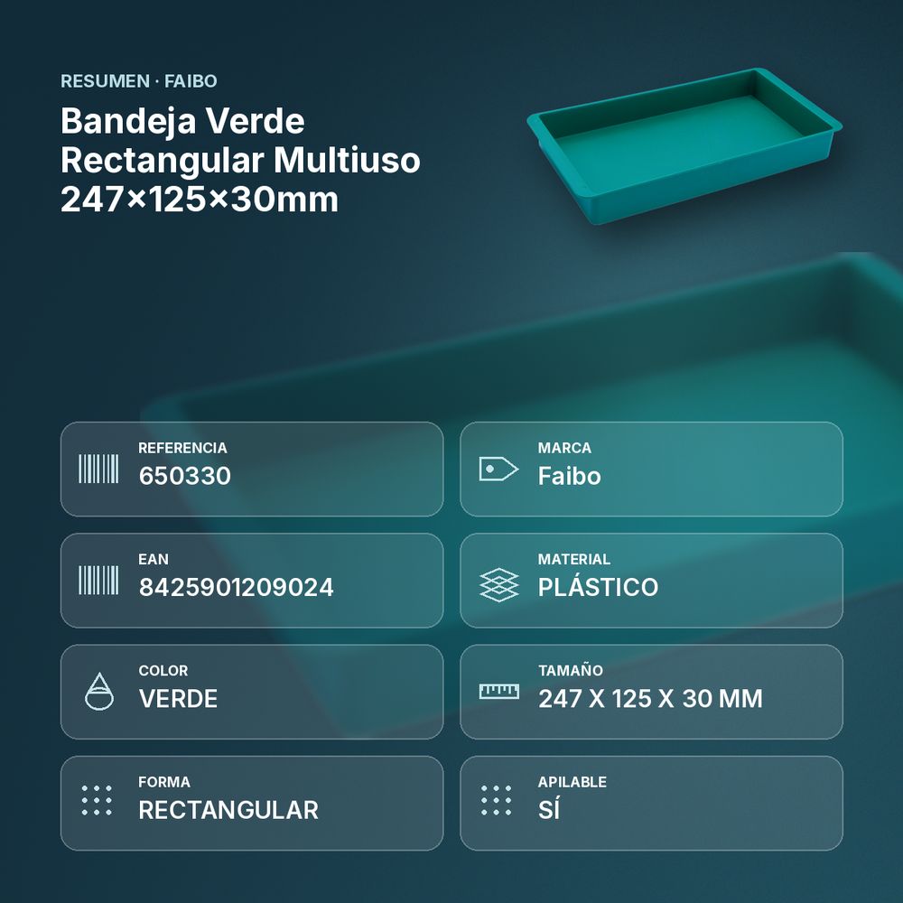 BANDEJA VERDE RECTANGULAR MULTIUSO 247X125X30MM - resumen de atributos