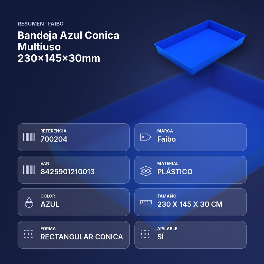 BANDEJA AZUL CONICA MULTIUSO 230X145X30MM - resumen de atributos