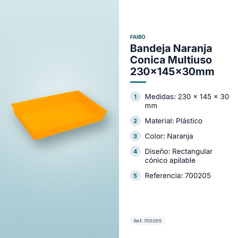 BANDEJA NARANJA CONICA MULTIUSO 230X145X30MM - características principales