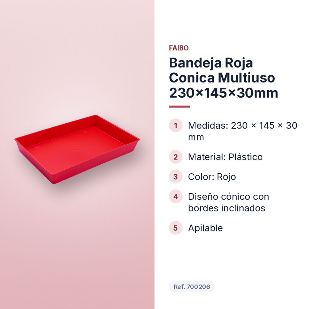 BANDEJA ROJA CONICA MULTIUSO 230X145X30MM - características principales