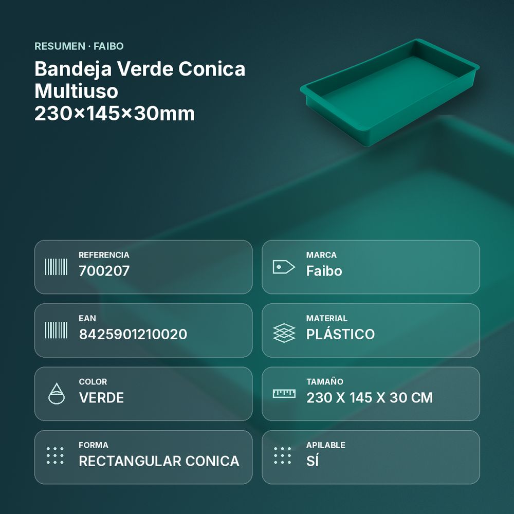 BANDEJA VERDE CONICA MULTIUSO 230X145X30MM - resumen de atributos