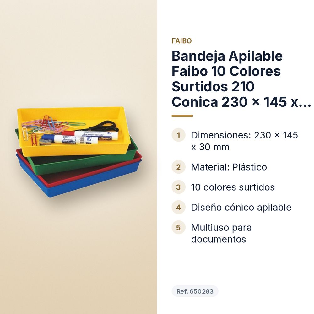 BANDEJA APILABLE FAIBO 10 COLORES SURTIDOS 210 CONICA 230 X 145 X 30 MM - características principales