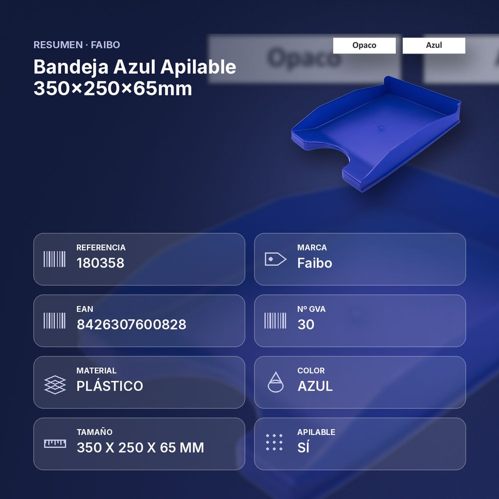 BANDEJA AZUL APILABLE 350X250X65MM - resumen de atributos