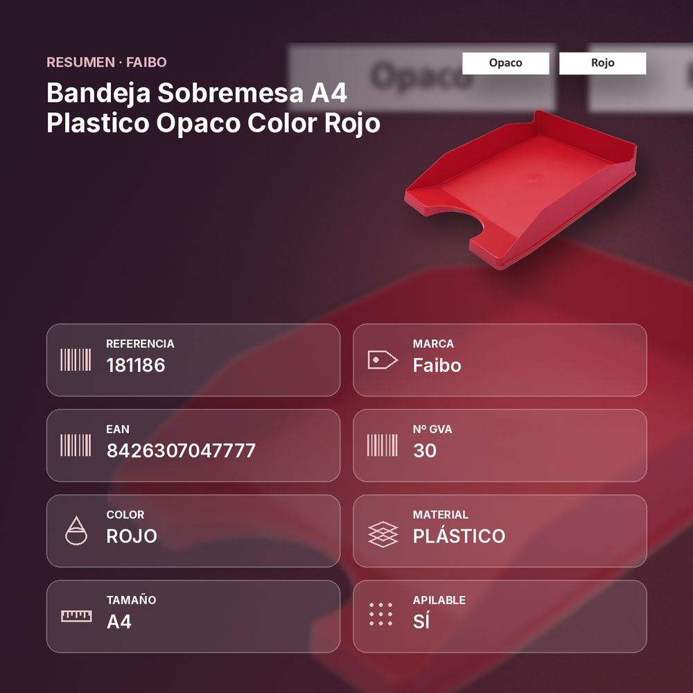 BANDEJA SOBREMESA A4 PLASTICO OPACO COLOR ROJO - resumen de atributos