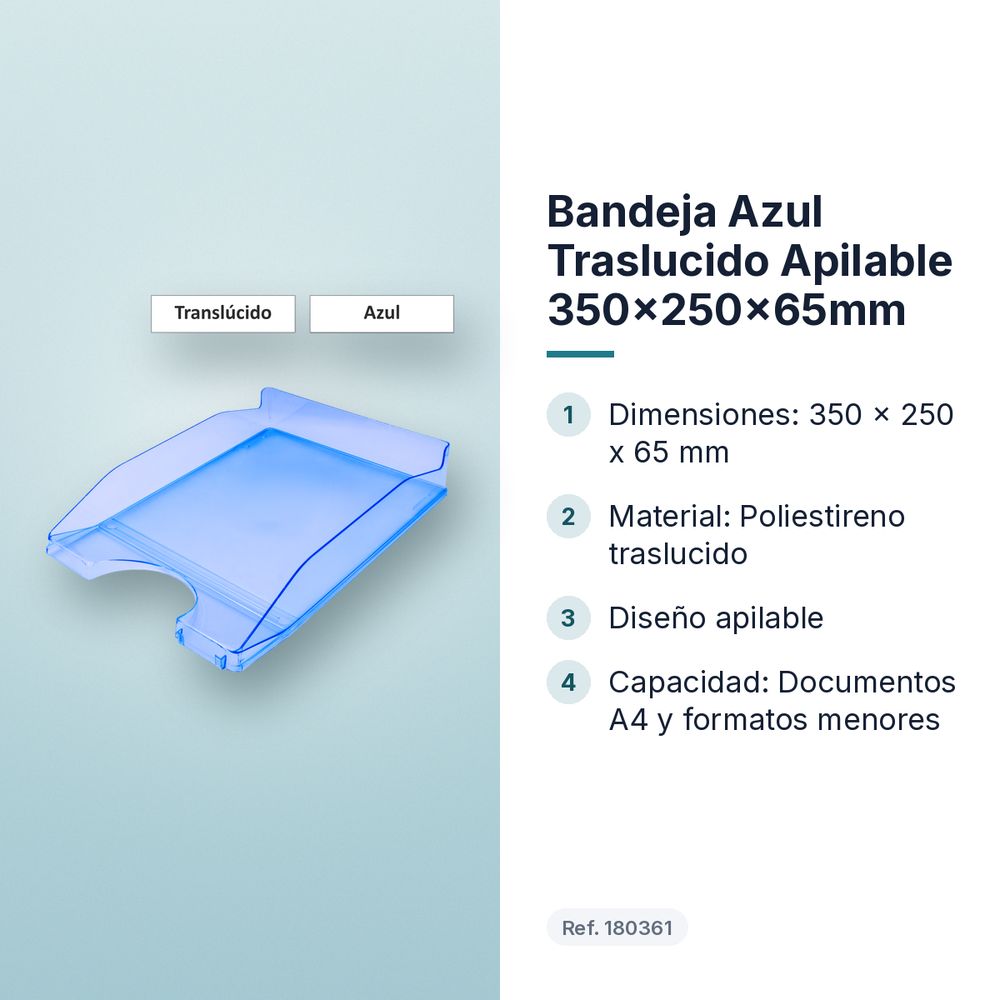BANDEJA AZUL TRASLUCIDO APILABLE 350X250X65MM - características principales