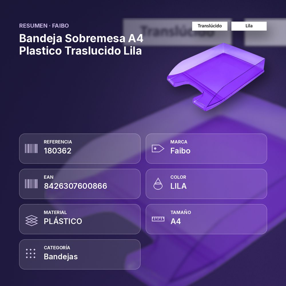 BANDEJA SOBREMESA A4 PLASTICO TRASLUCIDO LILA - resumen de atributos