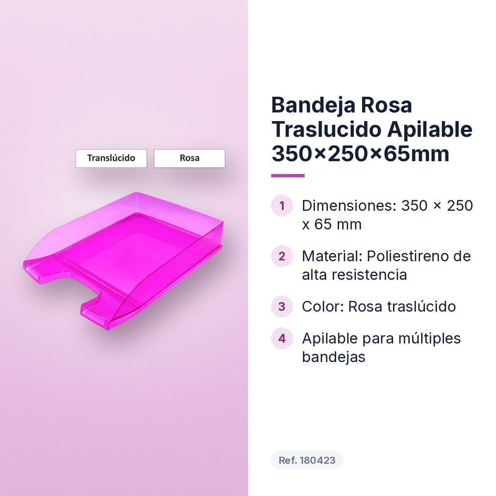 BANDEJA ROSA TRASLUCIDO APILABLE 350X250X65MM - características principales