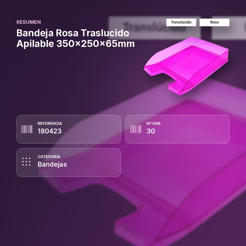 BANDEJA ROSA TRASLUCIDO APILABLE 350X250X65MM - resumen de atributos