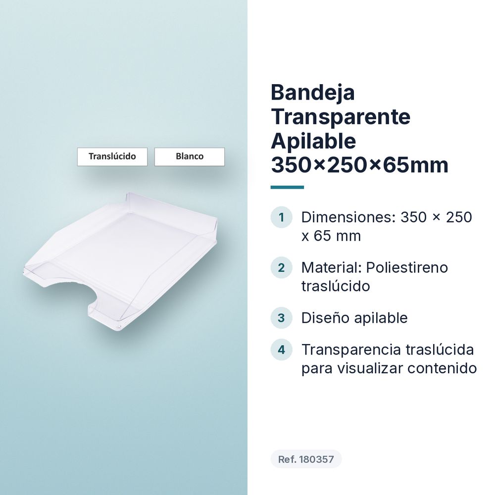 BANDEJA TRANSPARENTE APILABLE 350X250X65MM - características principales