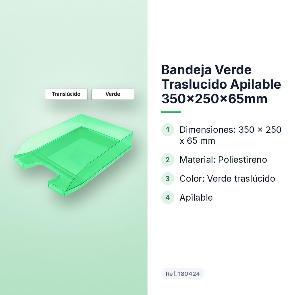 BANDEJA VERDE TRASLUCIDO APILABLE 350X250X65MM - características principales