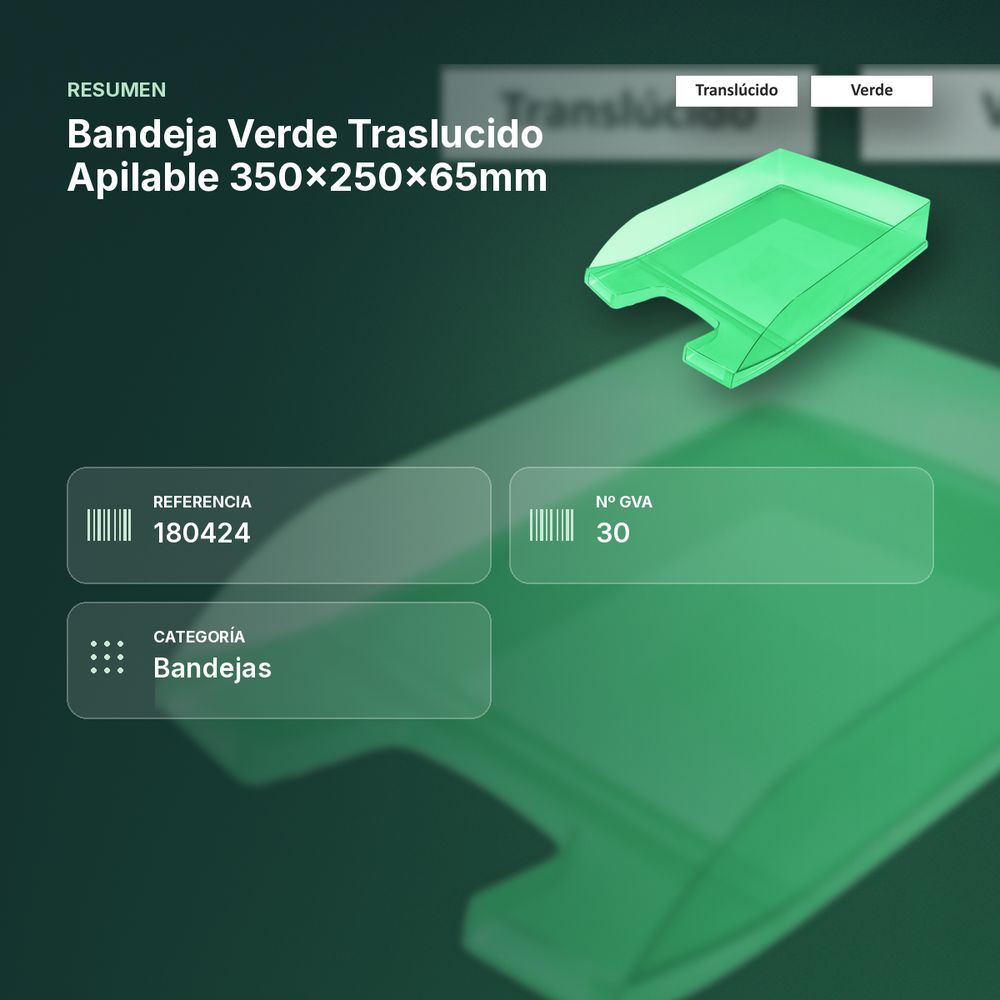 BANDEJA VERDE TRASLUCIDO APILABLE 350X250X65MM - resumen de atributos