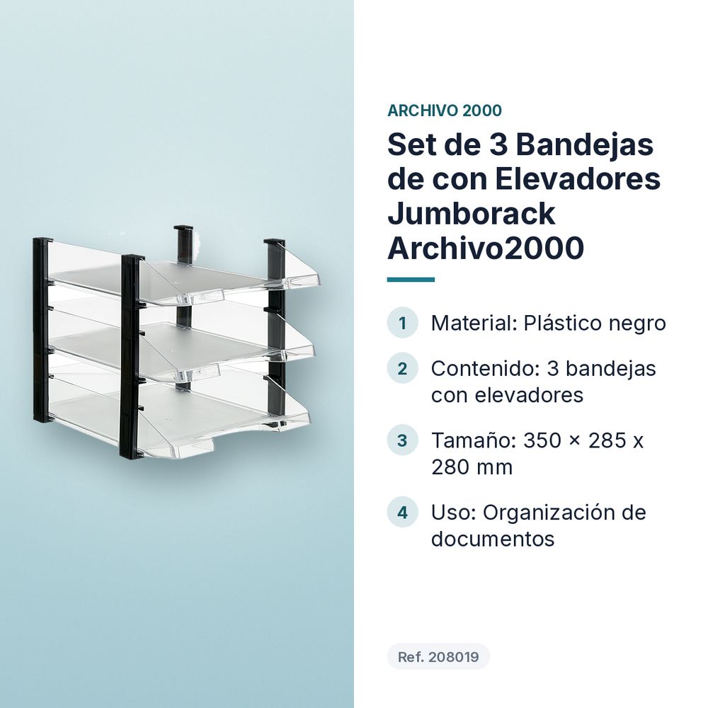 SET DE 3 BANDEJAS DE CON ELEVADORES JUMBORACK ARCHIVO2000 - características principales
