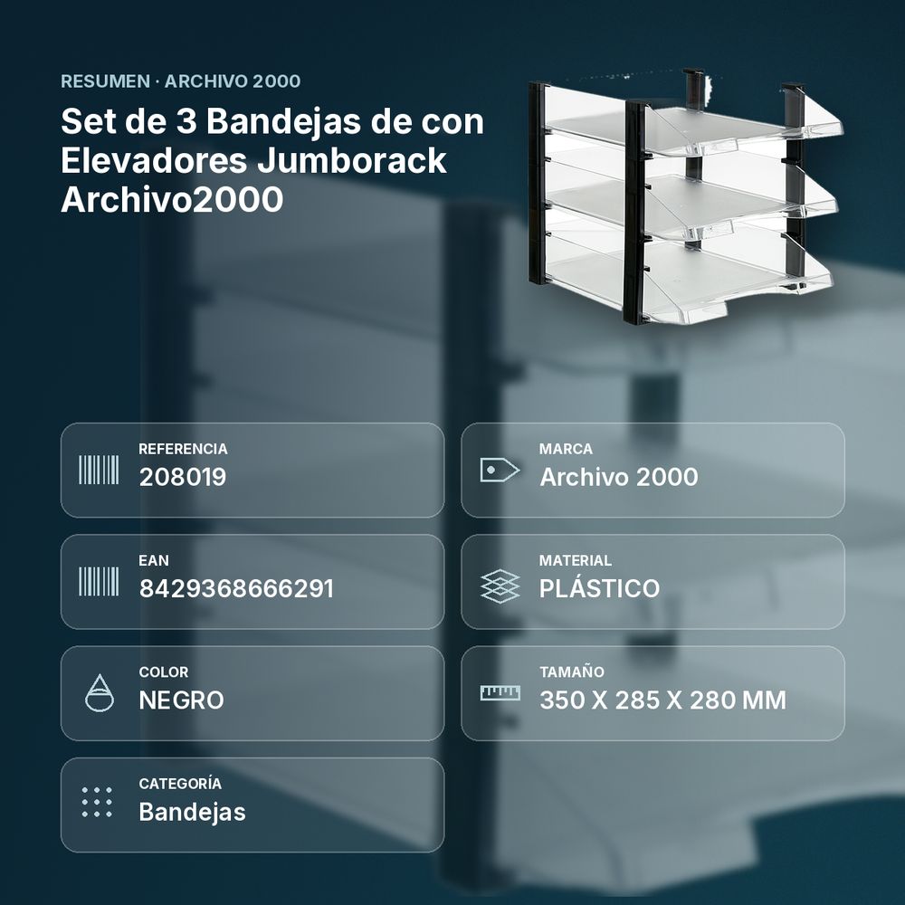 SET DE 3 BANDEJAS DE CON ELEVADORES JUMBORACK ARCHIVO2000 - resumen de atributos
