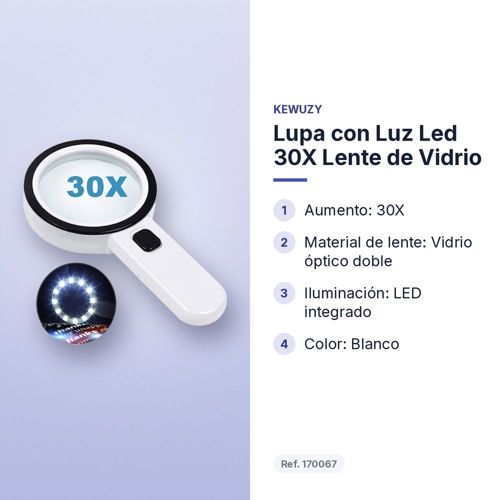 LUPA CON LUZ LED 30X LENTE DE VIDRIO - características principales