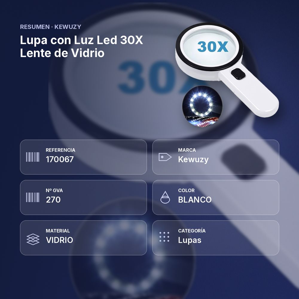 LUPA CON LUZ LED 30X LENTE DE VIDRIO - resumen de atributos