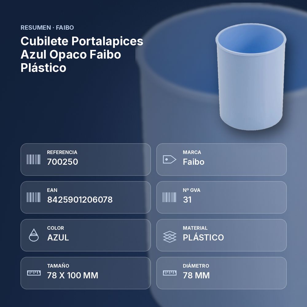 CUBILETE PORTALAPICES AZUL OPACO FAIBO PLÁSTICO  - resumen de atributos